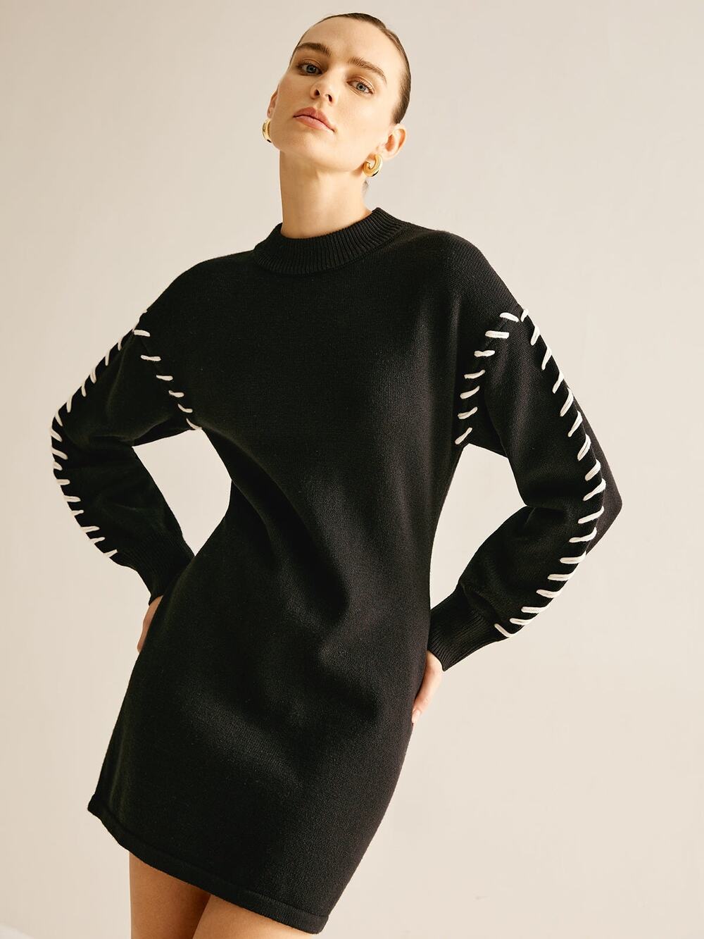 Commense Black Cozy Casual Stretch Contrast Trim Sweater Short Dress NWT Small